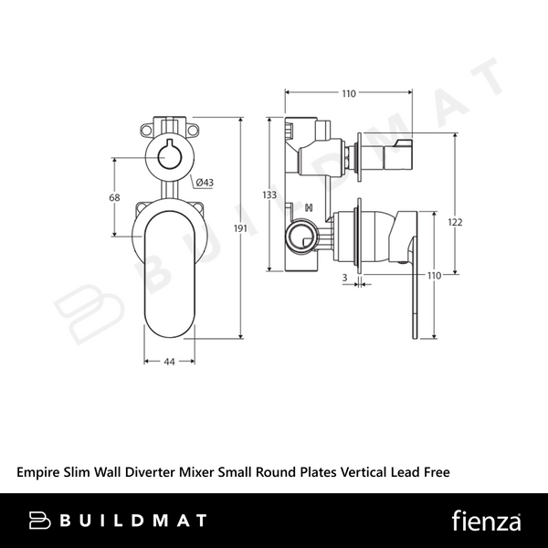 Fienza Empire Slim Wall Diverter Mixer Small Round Plates Vertical Brushed Nickel Lead Free