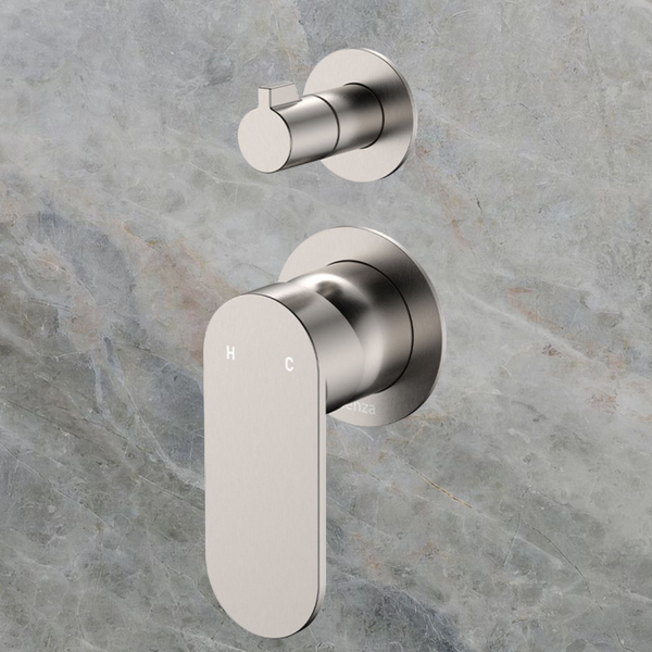 Fienza Empire Slim Wall Diverter Mixer Small Round Plates Vertical Brushed Nickel Lead Free