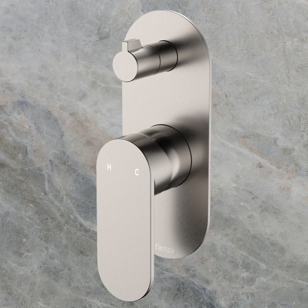 Fienza Empire Slim Wall Diverter Mixer Large Oval Plate Vertical Brushed Nickel Lead Free