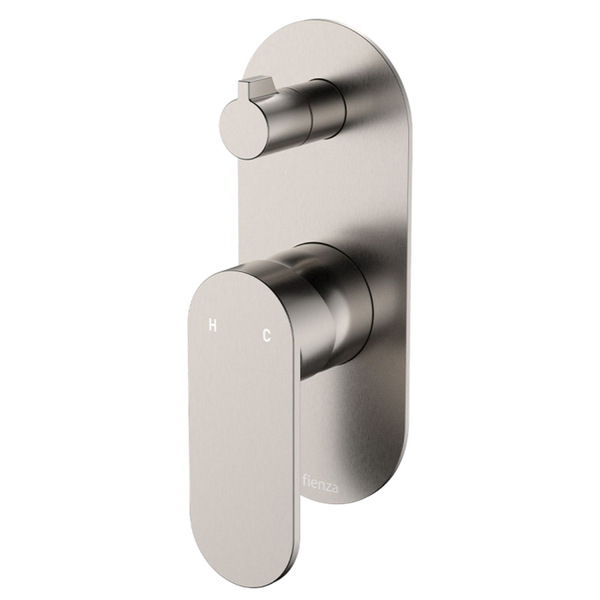 Fienza Empire Slim Wall Diverter Mixer Large Oval Plate Vertical Brushed Nickel Lead Free