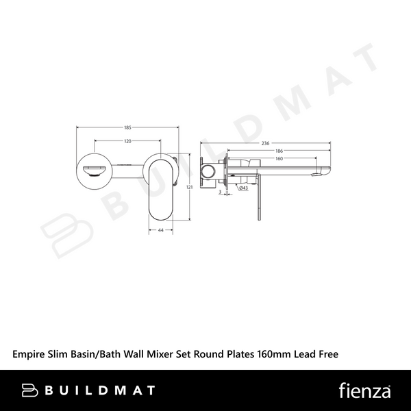 Fienza Empire Slim Basin/Bath Wall Mixer Set Round Plates 160mm Matte Black Lead Free