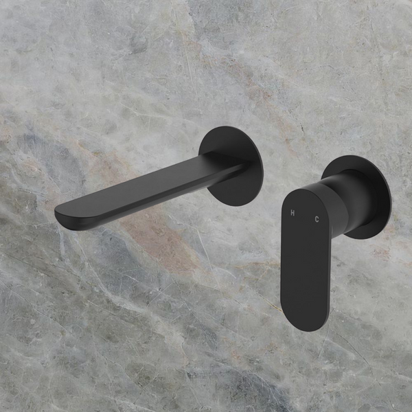 Fienza Empire Slim Basin/Bath Wall Mixer Set Round Plates 160mm Matte Black Lead Free