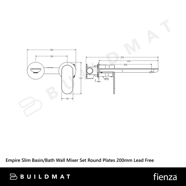 Fienza Empire Slim Basin/Bath Wall Mixer Set Round Plates 200mm Brushed Nickel Lead Free