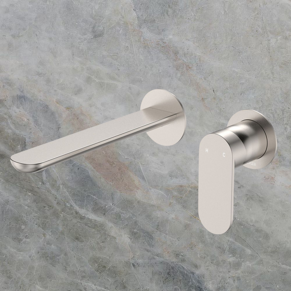 Fienza Empire Slim Basin/Bath Wall Mixer Set Round Plates 200mm Brushed Nickel Lead Free