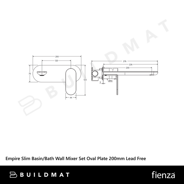Fienza Empire Slim Basin/Bath Wall Mixer Set Oval Plate 200mm Chrome Lead Free