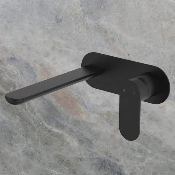 Fienza Empire Slim Basin/Bath Wall Mixer Set Oval Plate 200mm Matte Black Lead Free