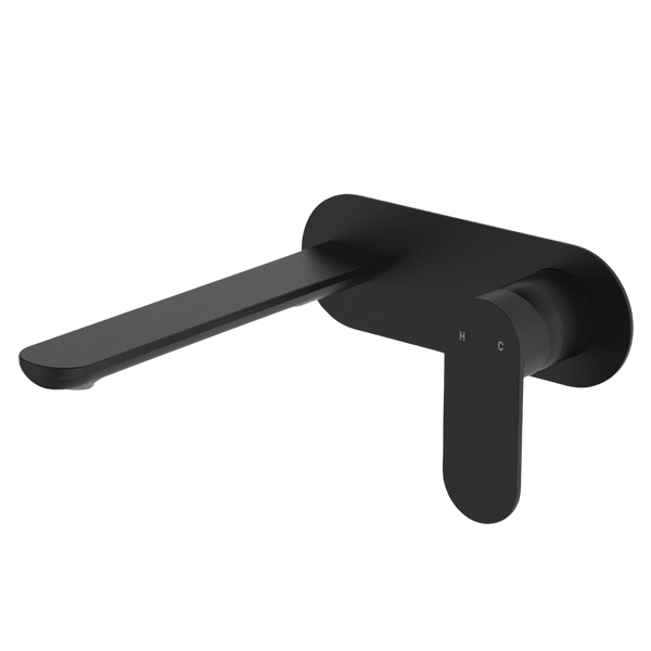 Fienza Empire Slim Basin/Bath Wall Mixer Set Oval Plate 200mm Matte Black Lead Free