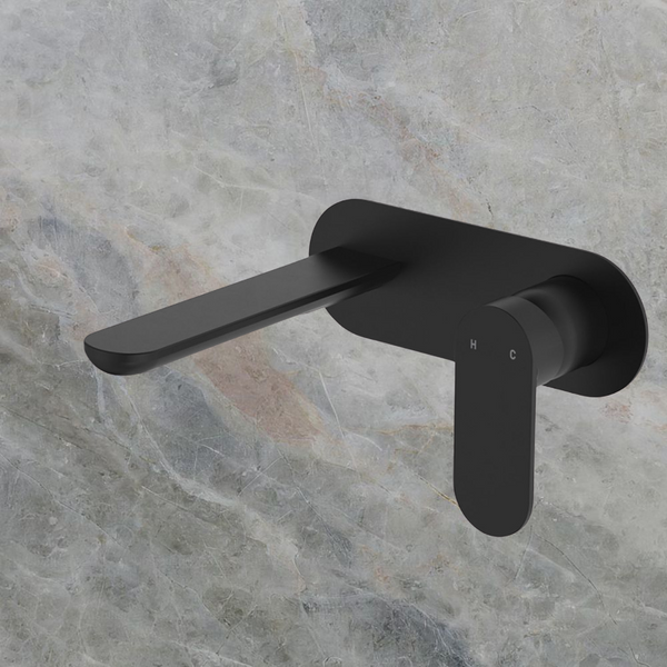 Fienza Empire Slim Basin/Bath Wall Mixer Set Oval Plate 160mm Matte Black Lead Free