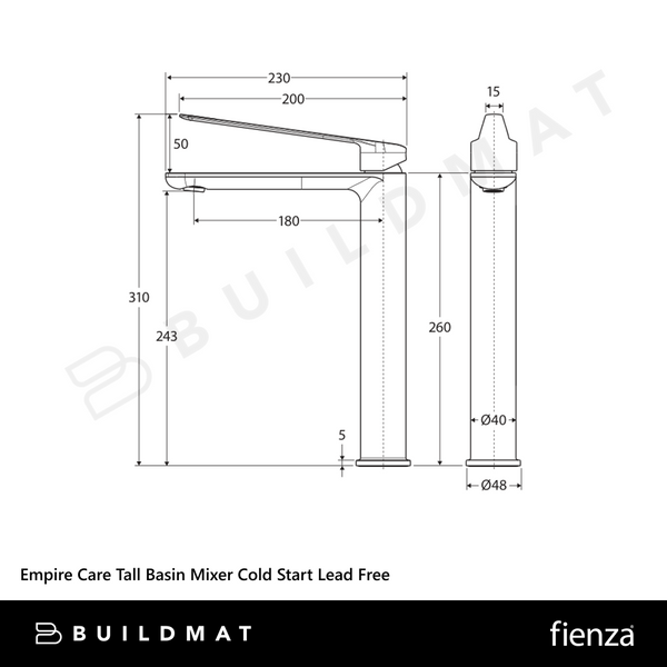 Fienza Empire Care Tall Basin Mixer Cold Start Matte Black Lead Free