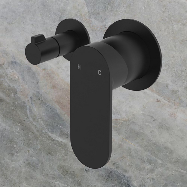 Fienza Empire Slim Wall Diverter Mixer Small Round Plates Horizontal Matte Black Lead Free