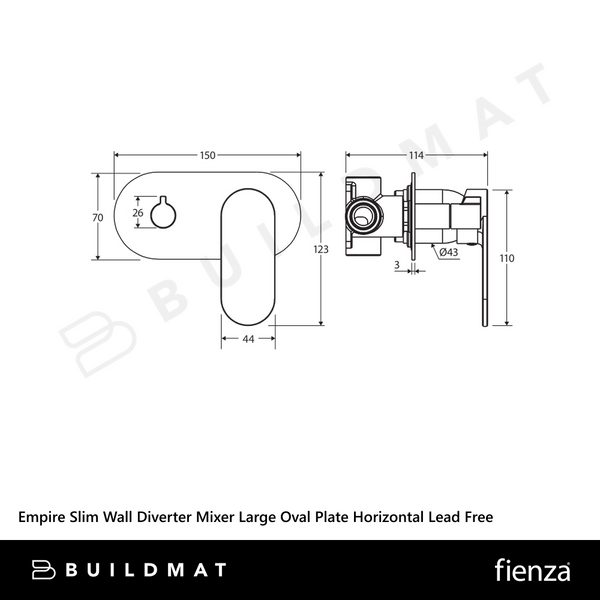 Fienza Empire Slim Wall Diverter Mixer Large Oval Plate Horizontal Matte Black Lead Free
