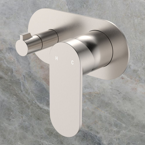 Fienza Empire Slim Wall Diverter Mixer Large Oval Plate Horizontal Brushed Nickel Lead Free