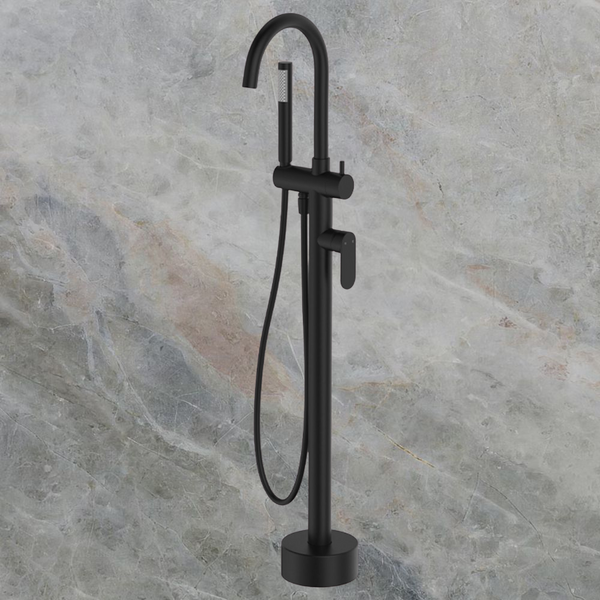 Fienza Empire Slim Floor Mounted Bath Mixer with Hand Shower Matte Black