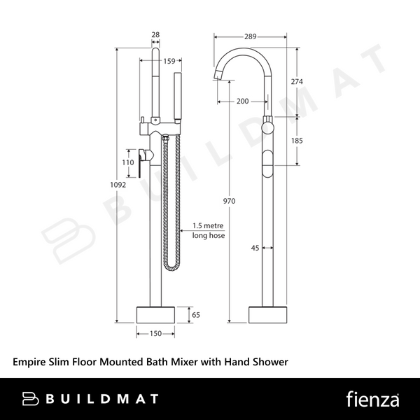 Fienza Empire Slim Floor Mounted Bath Mixer with Hand Shower Urban Brass