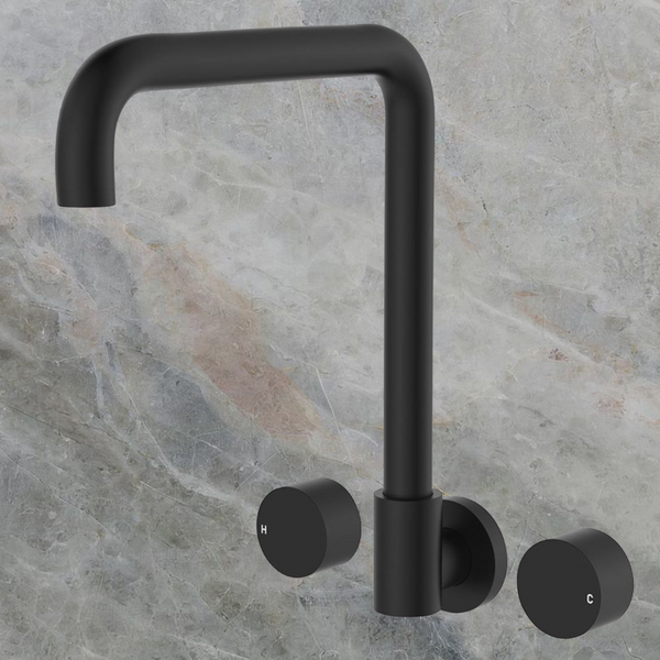 Fienza Kaya Round Taps Squareline Wall Outlet Set Matte Black Lead Free
