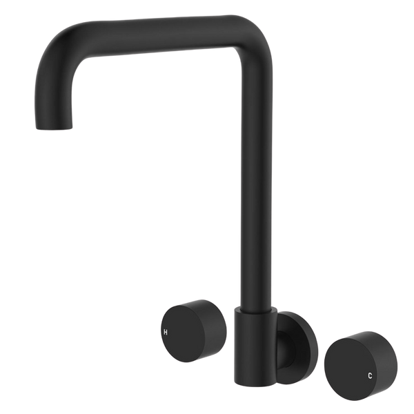 Fienza Kaya Round Taps Squareline Wall Outlet Set Matte Black Lead Free