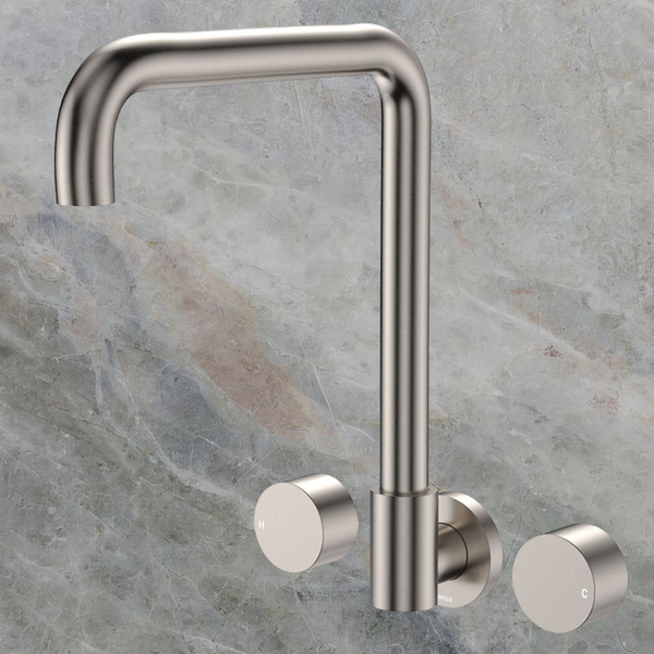 Fienza Kaya Round Taps Squareline Wall Outlet Set Brushed Nickel Lead Free