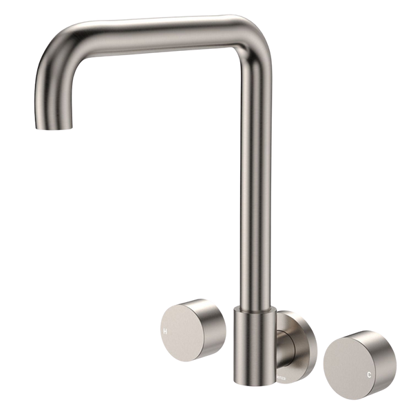Fienza Kaya Round Taps Squareline Wall Outlet Set Brushed Nickel Lead Free