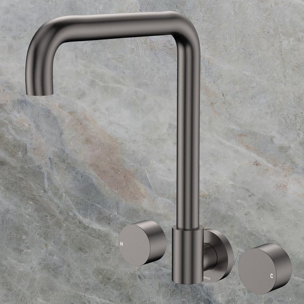 Fienza Kaya Round Taps Squareline Wall Outlet Set Gunmetal Lead Free