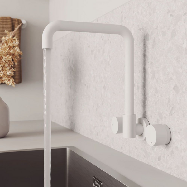 Fienza Kaya Round Taps Squareline Wall Outlet Set Matte White Lead Free
