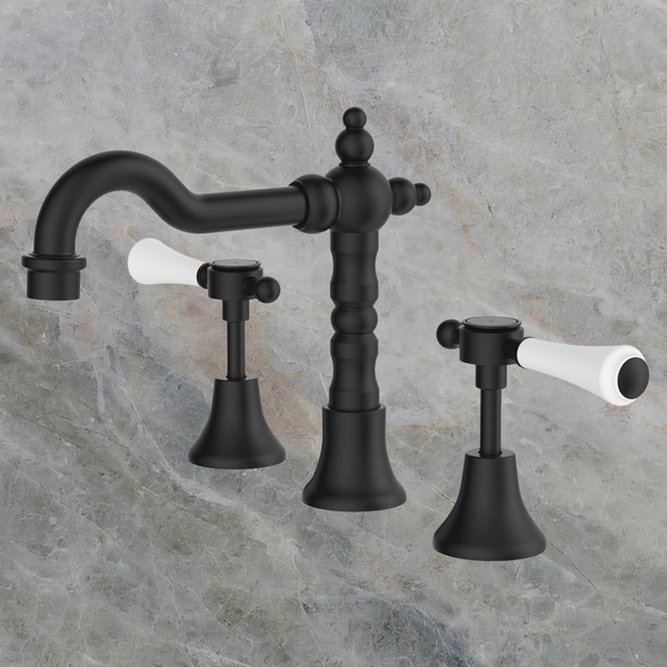 Fienza Lillian Lever Basin Set Matte Black with Ceramic White Handle