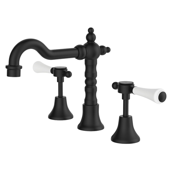 Fienza Lillian Lever Basin Set Matte Black with Ceramic White Handle