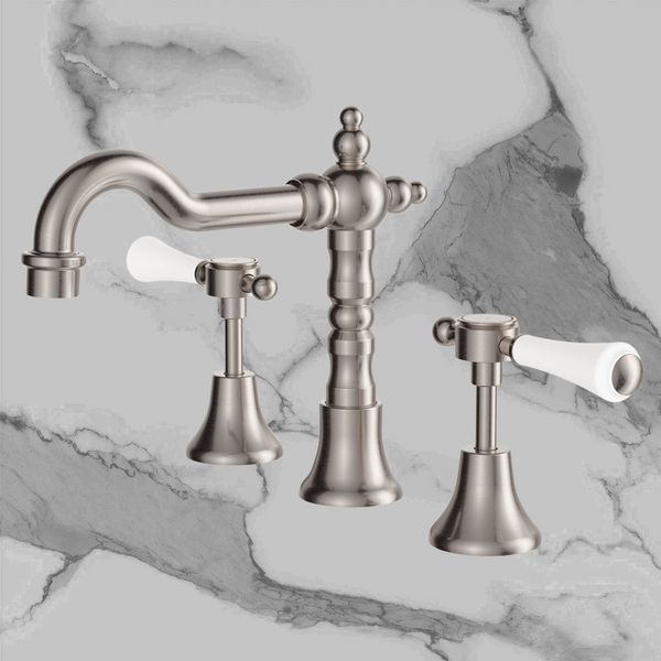 Fienza Lillian Lever Basin Set Brushed Nickel with Ceramic White Handle