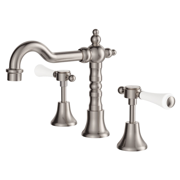 Fienza Lillian Lever Basin Set Brushed Nickel with Ceramic White Handle