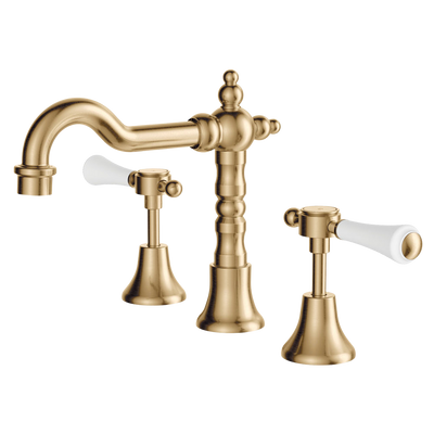 Fienza Lillian Lever Basin Set Urban Brass with Ceramic White Handle Lead Free