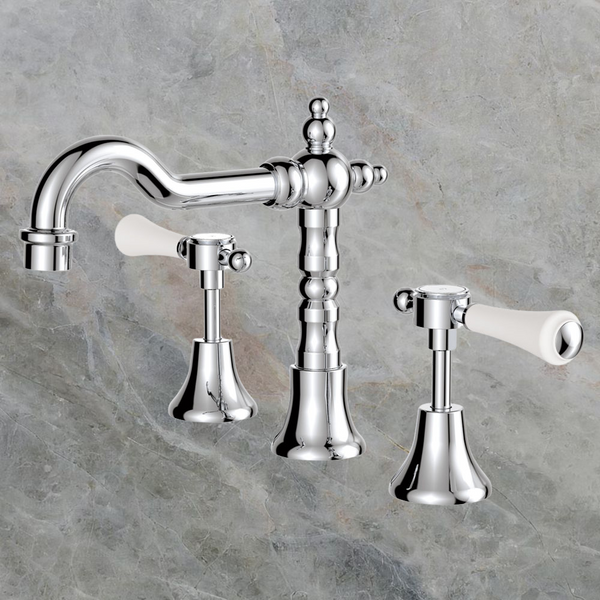 Fienza Lillian Lever Basin Set Chrome with Ceramic White Handle