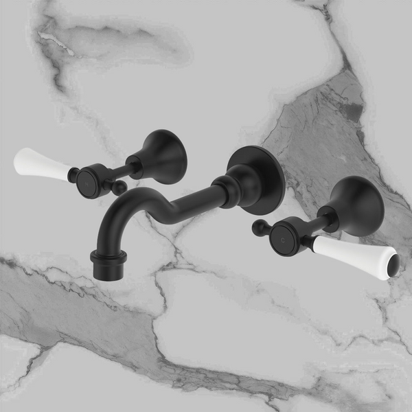Fienza Lillian Lever Basin/Bath Wall Set Matte Black with Ceramic White Handle