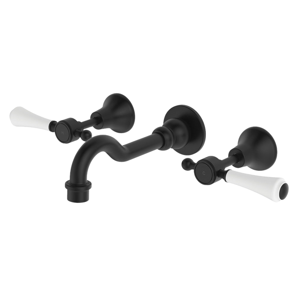 Fienza Lillian Lever Basin/Bath Wall Set Matte Black with Ceramic White Handle
