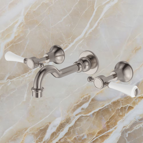 Fienza Lillian Lever Basin/Bath Wall Set Brushed Nickel with Ceramic White Handle