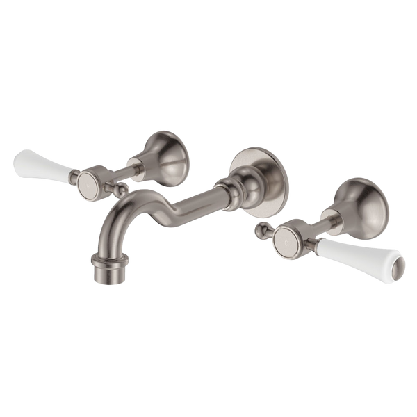 Fienza Lillian Lever Basin/Bath Wall Set Brushed Nickel with Ceramic White Handle