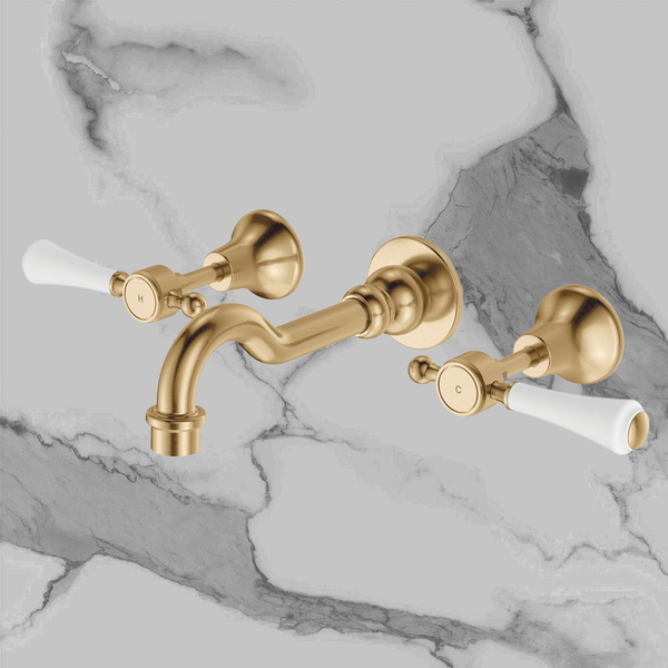 Fienza Lillian Lever Basin/Bath Wall Set Urban Brass with Ceramic White Handle