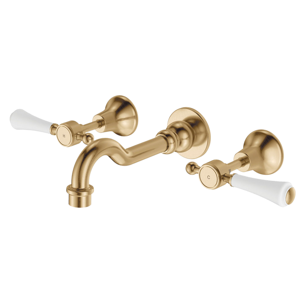 Fienza Lillian Lever Basin/Bath Wall Set Urban Brass with Ceramic White Handle