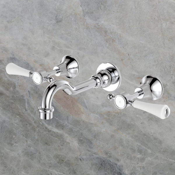 Fienza Lillian Lever Basin/Bath Wall Set Chrome with Ceramic White Handle