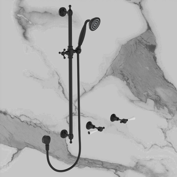 Fienza Lillian Lever Rail Shower Set Matte Black with Ceramic White Handle