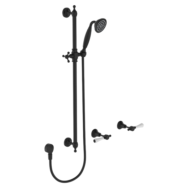 Fienza Lillian Lever Rail Shower Set Matte Black with Ceramic White Handle