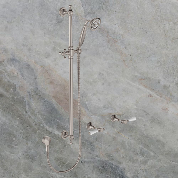 Fienza Lillian Lever Rail Shower Set Brushed Nickel with Ceramic White Handle