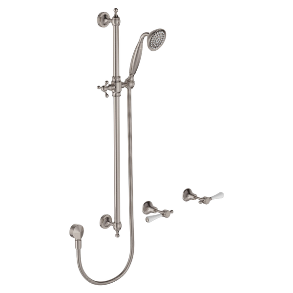 Fienza Lillian Lever Rail Shower Set Brushed Nickel with Ceramic White Handle