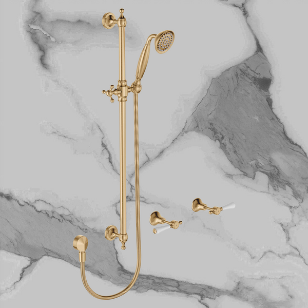 Fienza Lillian Lever Rail Shower Set Urban Brass with Ceramic White Handle