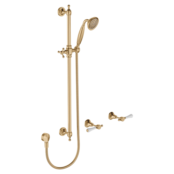 Fienza Lillian Lever Rail Shower Set Urban Brass with Ceramic White Handle