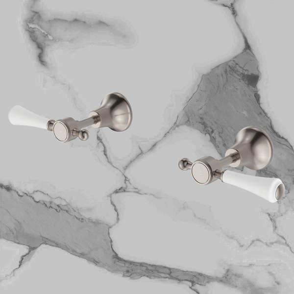 Fienza Lillian Lever Wall Top Assemblies Brushed Nickel with Ceramic White Handle