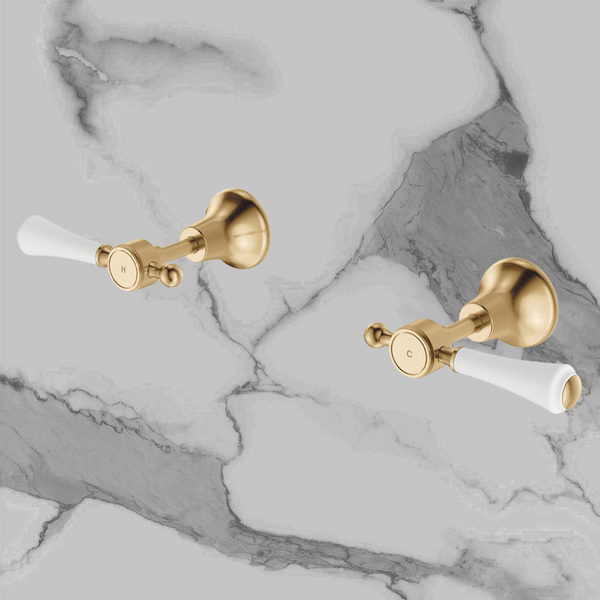 Fienza Lillian Lever Wall Top Assemblies Urban Brass with Ceramic White Handle