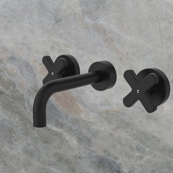 Fienza Kaya Cross Taps Wall Basin/Bath 130mm Outlet Set Matte Black Lead Free