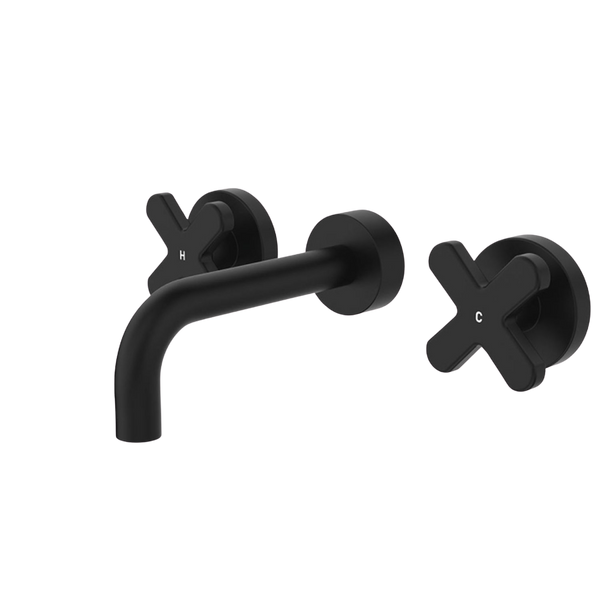 Fienza Kaya Cross Taps Wall Basin/Bath 130mm Outlet Set Matte Black Lead Free