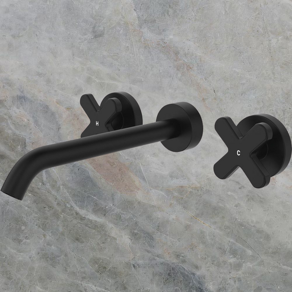 Fienza Kaya Cross Taps Wall Basin/Bath 220mm Outlet Set Matte Black Lead Free
