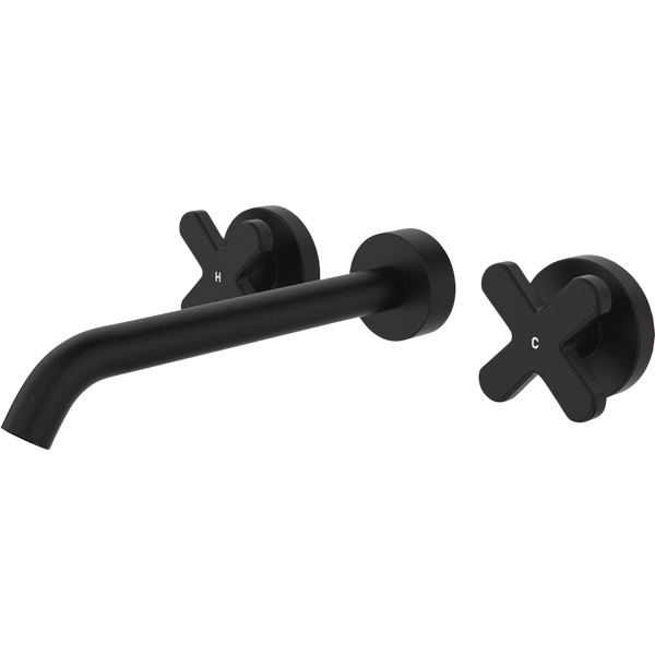 Fienza Kaya Cross Taps Wall Basin/Bath 220mm Outlet Set Matte Black Lead Free