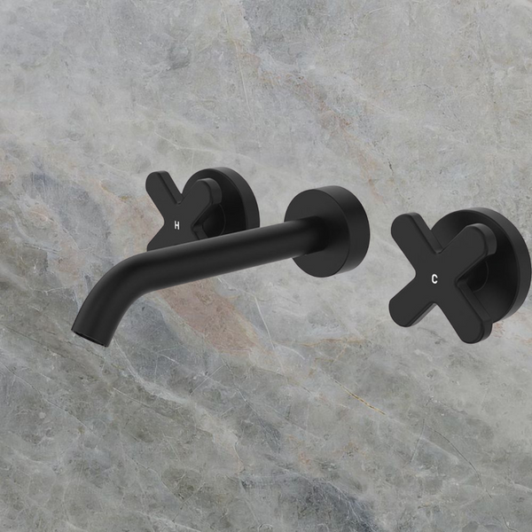 Fienza Kaya Cross Taps Wall Basin/Bath 180mm Outlet Set Matte Black Lead Free